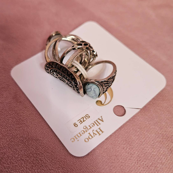 Charming Charlie Silver-Tone Mixed Metal & Faux Turquoise Light Ring Set Size 9 - Picture 6 of 8